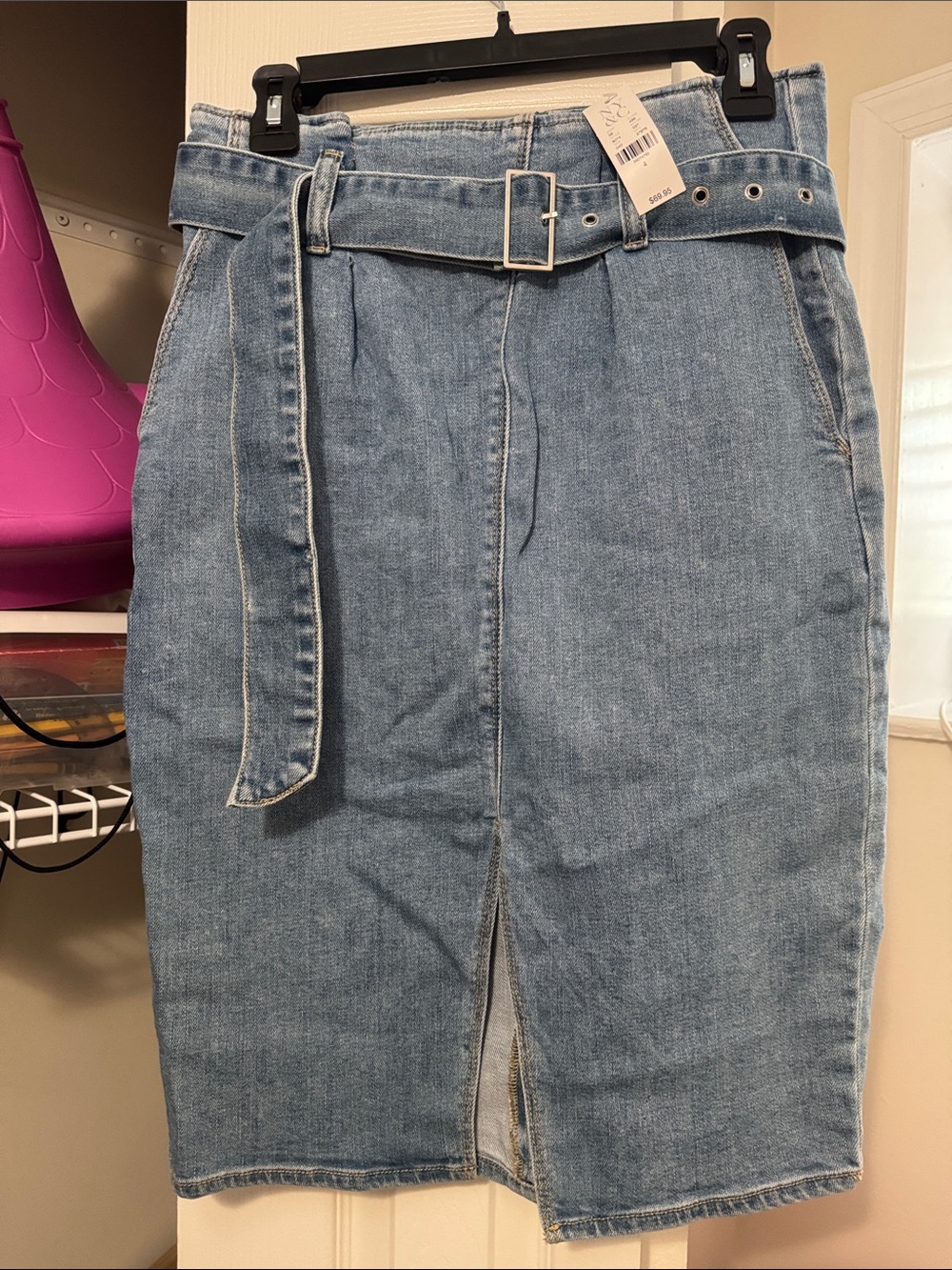 New York & Company Light Blue Denim Midi Pencil Skirt with Belted Waist